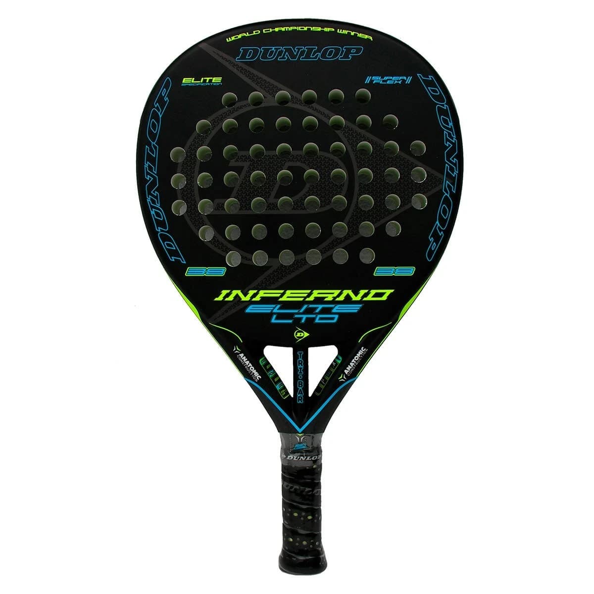 Dunlop Inferno Elite Ltd Yellow Blue padel racket — teardrop shape