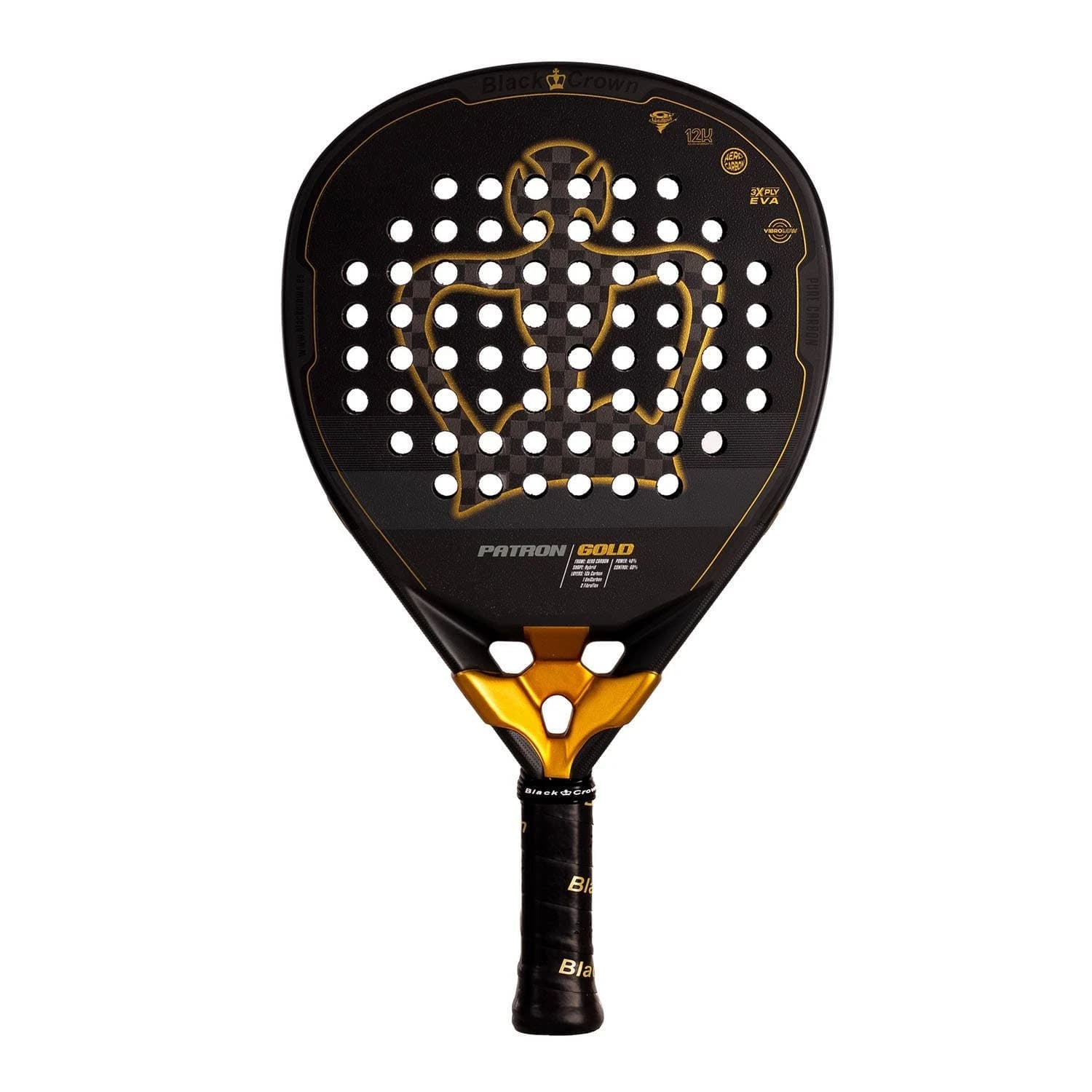 Black Crownatron Gold padel racket — hybrid shape